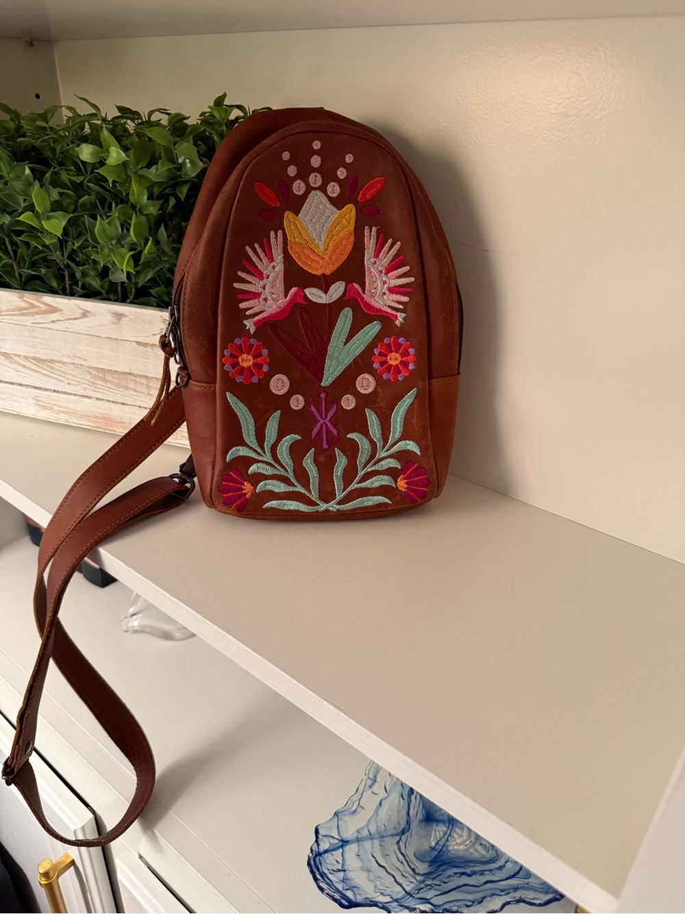 Nena & Co. Brown Leather Bohemian Embroidered Backpack